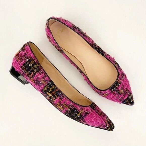 J.Crew Pointed-Toe Flat Tweed Tartan Plaid Sequined Embellished Pink Black Sz 12 - Picture 1 of 8